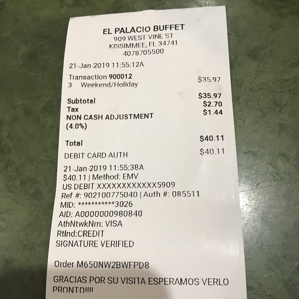 El Palacio - Receipt with debit charge - Latin American Near Me - Kissimmee, Florida El Palacio - Receipt with debit charge - Latin American Near Me - Kissimmee, Florida