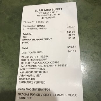 El Palacio - Receipt with debit charge - Latin American Near Me - Kissimmee, Florida