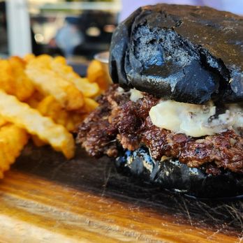 Project Burger - Blackened burger w crinkle cut fries: grilled onions, mushrooms, and provolone truffle.... so delicious!!! - Burgers Near Me - Palm Desert, California Project Burger - Blackened burger w crinkle cut fries: grilled onions, mushrooms, and provolone truffle.... so delicious!!! - Burgers Near Me - Palm Desert, California