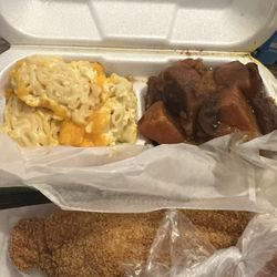 Southern Smokehouse - Fried catfish mac & cheese, and sweet potatoes