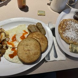 Eggs. Chicken sausage gluten free English muffin and gluten free pancake