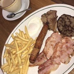Golden Cafe - Chips, egg, sausage, bacon, hamburger patty, and lamb!!