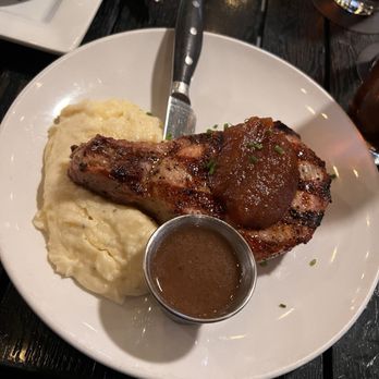 Anthonie's Market Grill - pork chop topped with apple butter & mashed potatoes and brown gravy on the side - Seafood Near Me - Simonton, Texas