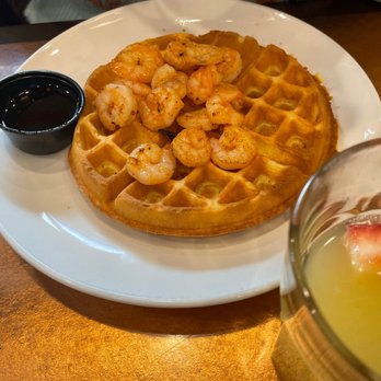 Another Broken Egg Cafe - Waffle topped with shrimp - American Near Me - Raleigh, North Carolina Another Broken Egg Cafe - Waffle topped with shrimp - American Near Me - Raleigh, North Carolina