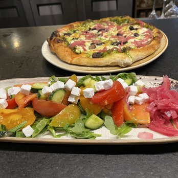 Farm & Fire - Tomato salad and mushroom pizza - Canadian (New) Near Me - Banff, Alberta