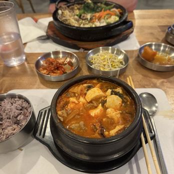 An Nyeong K Tofu & Bbq - Soon dubu with kimchi and pork. And beef bibimbap. - Korean Near Me - Austin, Texas