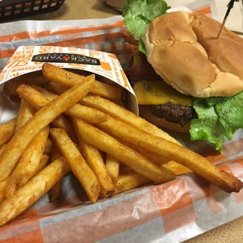 Backyard Burgers - Bacon Cheddar burger and Seasoned Fries - Burgers Near Me - Raleigh, North Carolina