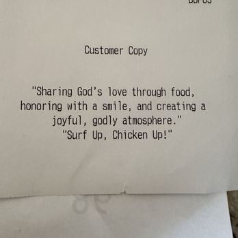 Surf Up Chicken - The receipt with a sweet little message at the end. - Fast Food Near Me - Carlsbad, California Surf Up Chicken - The receipt with a sweet little message at the end. - Fast Food Near Me - Carlsbad, California