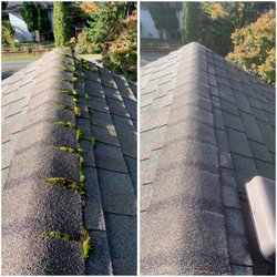 Crystal Clear Windows & Gutters - Before and after a professional moss removal service. This roof had unsightly moss that could cause potential damage.