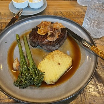 Ahso Restaurant - Ribeye with potatoes and broccolini - Chris said it was too dry. - New American Near Me - Brambleton, Virginia Ahso Restaurant - Ribeye with potatoes and broccolini - Chris said it was too dry. - New American Near Me - Brambleton, Virginia