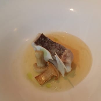 Commis - Sea bream with pine mushrooms, toasted rice and roasted hen broth - New American Near Me - Oakland, California
