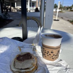 Egg, cheese and sausage  English muffin and mocha latte