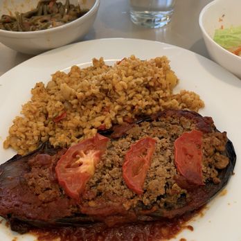 Ayse's Turkish Cafe - Lamb-stuffed eggplant w/bulgurpilaf - Turkish Near Me - Ann Arbor, Michigan