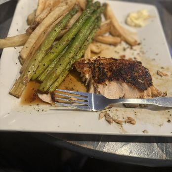 Tranquil Harbour Restaurant & Bar - Hickory Bourbon Salmon with fries and asparagus - Seafood Near Me - Oak Island, North Carolina Tranquil Harbour Restaurant & Bar - Hickory Bourbon Salmon with fries and asparagus - Seafood Near Me - Oak Island, North Carolina