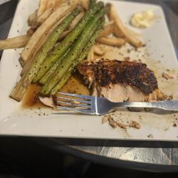 Tranquil Harbour Restaurant & Bar - Hickory Bourbon Salmon with fries and asparagus