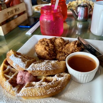 The Pan - Perfectly Fried Boneless Chicken Breast and Waffle. I asked for guava syrup. Yum!!!! - Breakfast & Brunch Near Me - Lomita, California The Pan - Perfectly Fried Boneless Chicken Breast and Waffle. I asked for guava syrup. Yum!!!! - Breakfast & Brunch Near Me - Lomita, California