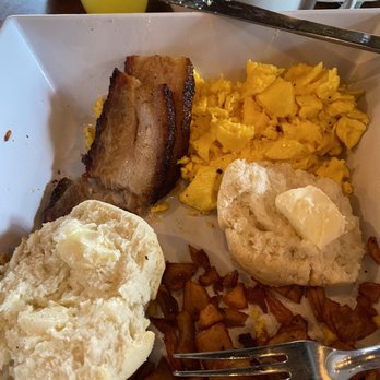 Biscuits and Bourbon - Pork belly, scrambled eggs, breakfast potatoes and a biscuit. - New American Near Me - Henderson, Nevada