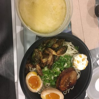 Ramen Tatsu-Ya - Tonkotsu Original with brussel sprouts, no mushrooms, extra egg, and a corn bomb - Ramen Near Me - Austin, Texas Ramen Tatsu-Ya - Tonkotsu Original with brussel sprouts, no mushrooms, extra egg, and a corn bomb - Ramen Near Me - Austin, Texas