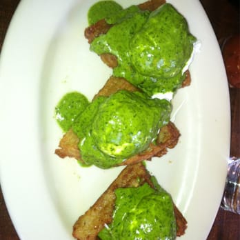 The Smith - Very original eggs Benedict: spinach purée over eggs resting on three potato and onion "waffles." - New American Near Me - New York, New York The Smith - Very original eggs Benedict: spinach purée over eggs resting on three potato and onion "waffles." - New American Near Me - New York, New York