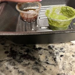 That's all the sauce that came . For $8 the sauce should be able to cover both samosas. That's all the sauce that came . For $8 the sauce should be able to cover both samosas.