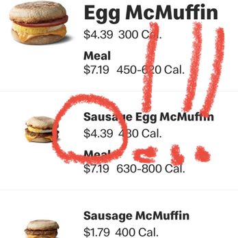 McDonald's - Screenshot of app showing how expensive the Sausage Egg McMuffin has become! - Fast Food Near Me - Kingston, Massachusetts McDonald's - Screenshot of app showing how expensive the Sausage Egg McMuffin has become! - Fast Food Near Me - Kingston, Massachusetts