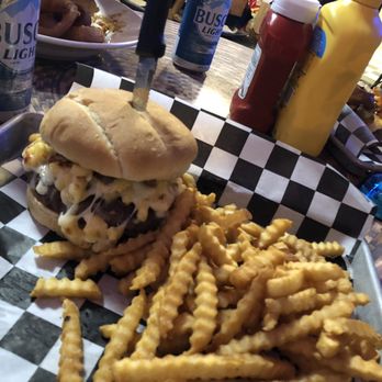 Brickyard Bar and Banquet Hall - Mac Attack burger with fries - Bars Near Me - Pierz, Minnesota Brickyard Bar and Banquet Hall - Mac Attack burger with fries - Bars Near Me - Pierz, Minnesota