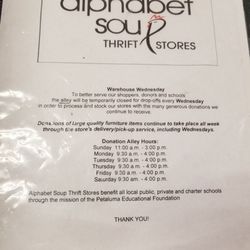 Alphabet Soup Benefit Thrift Store - Donation days & hours.