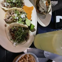 taqueria los arbolitos - Three tacos side of beans the cactus volcano lemonada
