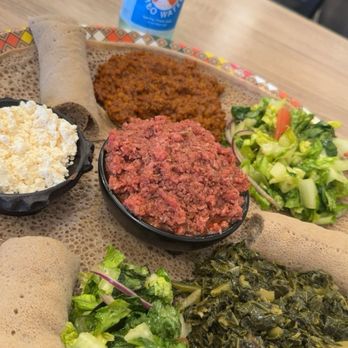 Kind Bean Cafe - Kitfo and half veggie platter - Ethiopian Near Me - Sacramento, California Kind Bean Cafe - Kitfo and half veggie platter - Ethiopian Near Me - Sacramento, California
