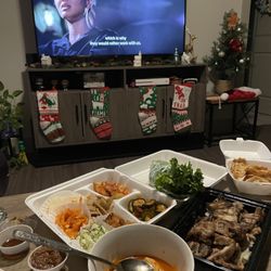 Seoul Food Korean Grill - Kimchi soup, pork belly for 2, mandu Fried Dumplings and banchan