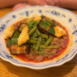 Pork Belly, braised pinto beans, pickled green beans. Pork Belly, braised pinto beans, pickled green beans.