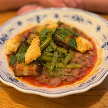 Barbarian - Pork Belly, braised pinto beans, pickled green beans. - Breakfast & Brunch Near Me - Stowe, Vermont Barbarian - Pork Belly, braised pinto beans, pickled green beans. - Breakfast & Brunch Near Me - Stowe, Vermont
