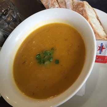 Retro Cafe - Soup of the day (ginger and carrots) with baguette - Restaurants Near Me - Hobart, TAS