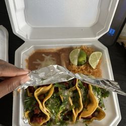 Mexican Street Food 276 - 5 al pastor taco plate with rice and beans