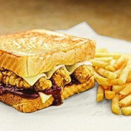 Honey BBQ Chicken Strip Sandwich and fries