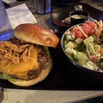 D.C. Cobb's - Grass fed burger with cheddar and onion straws with a side salad. SOLID. - Burgers Near Me - McHenry, Illinois