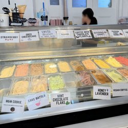 Sandy’s Scoops - Ice cream case and flavors