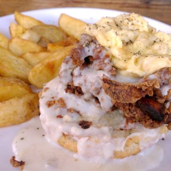 The Table - Fried chicken w/cheese biscuit from scratch.....scrambled egg on top. Different angle. - New American Near Me - San Jose, California