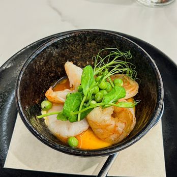 Populaire Modern Bistro - Shrimp Chawanmushi - English Peas, Fermented Green Garlic, Ginger, Pea Tendrils, Brown Butter - French Near Me - Costa Mesa, California Populaire Modern Bistro - Shrimp Chawanmushi - English Peas, Fermented Green Garlic, Ginger, Pea Tendrils, Brown Butter - French Near Me - Costa Mesa, California