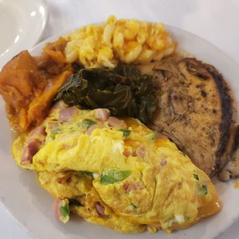 Pearl's Place - Ham, cheese, green pepper omelet. Sweet potatoes. Collard greens. Mac and cheese. Jerk Turkey. - Breakfast & Brunch Near Me - Chicago, Illinois Pearl's Place - Ham, cheese, green pepper omelet. Sweet potatoes. Collard greens. Mac and cheese. Jerk Turkey. - Breakfast & Brunch Near Me - Chicago, Illinois