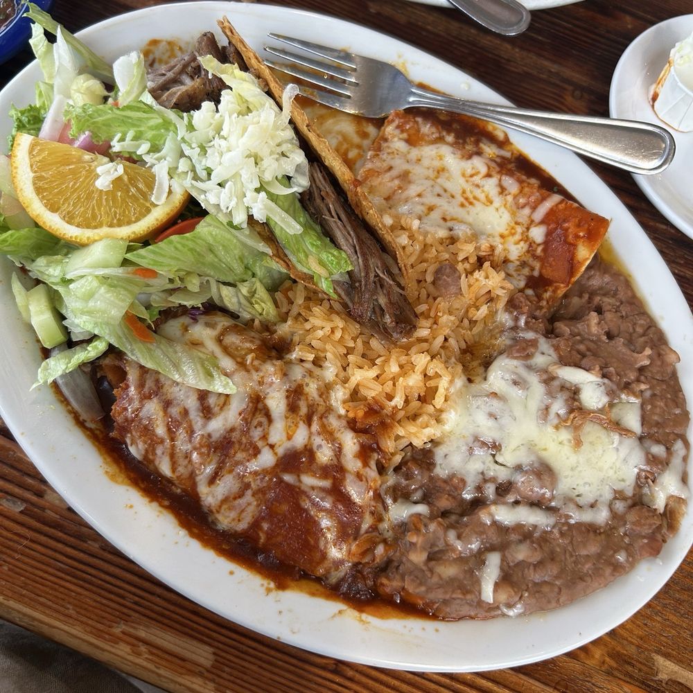 3 item combo - carnitas crunchy taco, cheese enchilada and pork tamale with rice and beans 3 item combo - carnitas crunchy taco, cheese enchilada and pork tamale with rice and beans