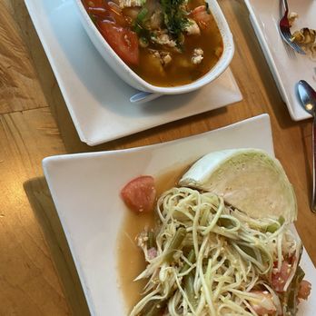 Mint Thai Kitchen - Tom Yum Chicken Soup(top) and Papaya Salad(bottom) - Thai Near Me - Houston, Texas