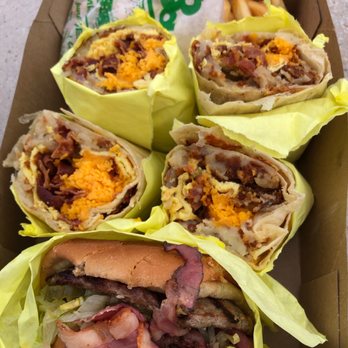 Lucky Boy - Breakfast Burrito (Bacon) + Pastrami Burger - Burgers Near Me - Pasadena, California