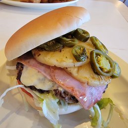 Hawaiian Burger, w/ jalapeños, is Hawaiian Punch Burger