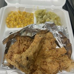 Galloway Corner Kitchen - Fried Butterfly pork chop, cabbage and cream corn.