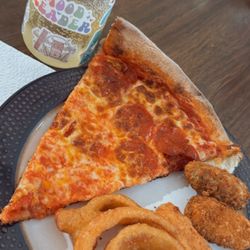 Elizabeth's Pizza Express - Pepperoni pizza, onions rings and Stuffed Jalapeno Peppers