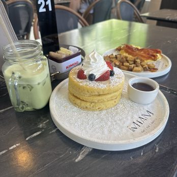 Miam Cafe - Iced MATCHA LATTE, & PANCAKES PLATTER -- Best pancakes ever!!! - Coffee & Tea Near Me - Coral Gables, Florida