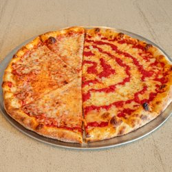 Anthony & Luca’s Pizza Kitchen - Half and Half - Half NY style, half upside down Jersey boardwalk pizza. Grande Mozzarella, Plum tomato marinara, pecorino romano cheeses.