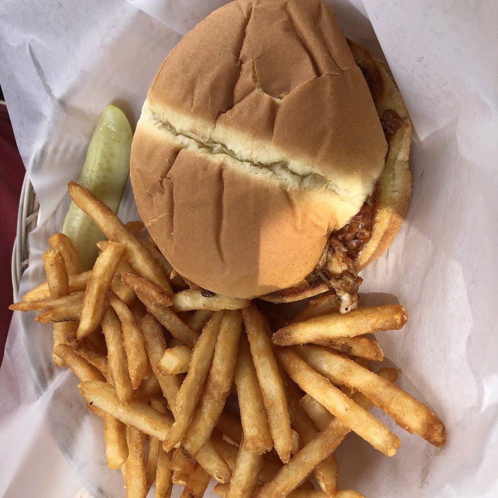 Cowboys - Pulled pork sandwich with beer batters fries - Breakfast & Brunch Near Me - Lake Shore, Minnesota Cowboys - Pulled pork sandwich with beer batters fries - Breakfast & Brunch Near Me - Lake Shore, Minnesota