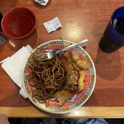 Hunan Spring Restaurant - chicken on a stick, noodles, eggroll